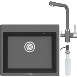 Кухонная мойка и смеситель Point Бинга 60 с дозатором, графит (PN3003GR, PN3103GR, PN3201GR)
