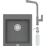 Кухонная мойка и смеситель Point Моко 47 с дозатором, серая (PN3006AL, PN3102AL, PN3201AL)