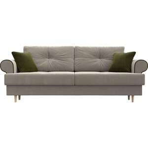 фото Прямой диван лига диванов сплин микровельвет бежевый подушки зеленые