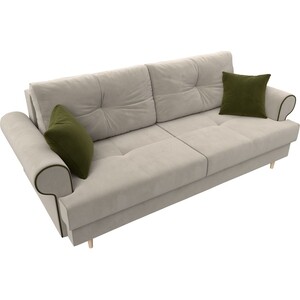 фото Прямой диван лига диванов сплин микровельвет бежевый подушки зеленые