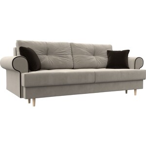 фото Прямой диван лига диванов сплин микровельвет бежевый подушки коричневые