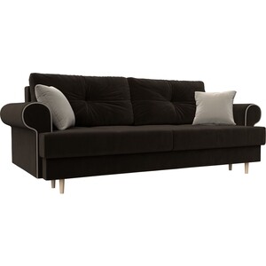 фото Прямой диван лига диванов сплин микровельвет коричневый подушки бежевые