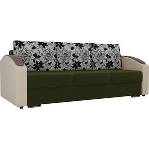 фото Прямой диван лига диванов монако slide микровельвет зеленый подлокотники экокожа коричневые подушки рогожка на флоке