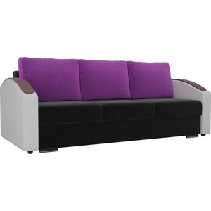 фото Прямой диван лига диванов монако slide микровельвет черный подлоктники экокожа белые подушки микровельвет фиолетовые