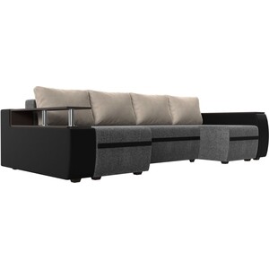 фото П-образный диван артмебель майами рогожка серый/экокожа черный подушки рогожка бежевый