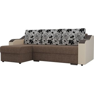 фото Угловой диван лига диванов монако рогожка коричневый подлокотники экокожа бежевые подушки рогожка на флоке левый угол