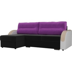 фото Угловой диван лига диванов дарси микровельвет черный подлоктники экокожа белые подушки микровельвет фиолетовые левый угол