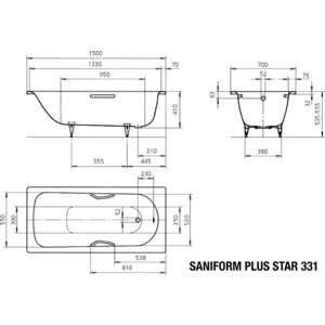 Ванна стальная Kaldewei Saniform Plus Star 331 Antislip, Easy Clean 150x70 см, с отверстиями под ручки (133130003001)
