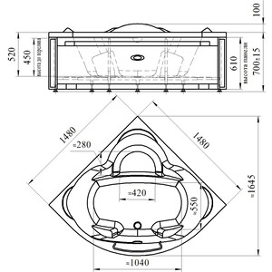 Акриловая ванна Radomir Сорренто 150x150 с каркасом, фронтальной панелью, сливом-переливом (1-01-2-0-9-037К)
