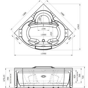 Акриловая ванна Radomir Сорренто 140х140 с каркасом, фронтальной панелью, подголовником, сливом-переливом (1-01-2-0-9-038К)