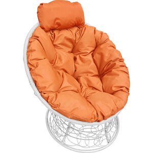 фото Кресло планета про папасан мини с ротангом белое, оранжевая подушка
