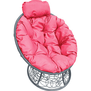 фото Кресло планета про папасан мини с ротангом серое, розовая подушка