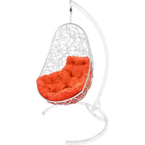 фото Подвесное кресло планета про овал с ротангом белое, оранжевая подушка
