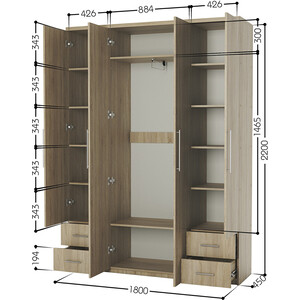 Шкаф четырехдверный Шарм-Дизайн Комфорт МКЯ2-43 180х45 с зеркалами, дуб сонома