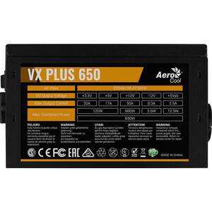 Блок питания Aerocool 650W VX PLUS (ATX, 20+4 pin, 120mm fan, I/O Switch, 3xSATA) (VX PLUS 650)