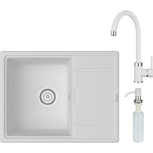 Кухонная мойка и смеситель Point Стил 65 с дозатором, белая (PN3009W, PN3101W, PN3201W)