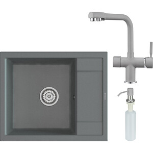 Кухонная мойка и смеситель Point Римо 60 с дозатором, серая (PN3010AL, PN3104AL, PN3201AL)