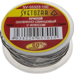 Припой СВЕТОЗАР оловянно-свинцовый 60% Sn/40% Pb 100гр (SV-55323-100), оловянно-свинцовый 60% Sn/40% Pb 100гр (SV-55323-100)
Припой СВЕТОЗАР оловянно-свинцовый 60% Sn/40% Pb 100гр (SV-55323-100), оловянно-свинцовый 60% Sn/40% Pb 100гр (SV-55323-100)