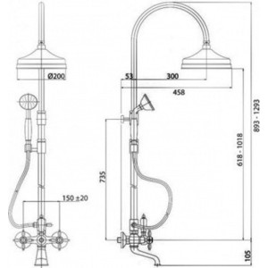 Душевая система Cezares Nostalgia со смесителем для ванны, верхним и ручным душем (Nostalgia-CVD-01)
