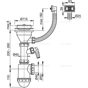 Сифон для кухонной мойки AlcaPlast с решеткой D115, c переливом и штуцером (A447P-DN50/40)