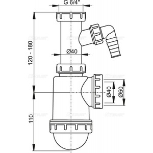Сифон для кухонной мойки AlcaPlast с накидной гайкой 1 1/2, с штуцером (A443P-DN50/40)