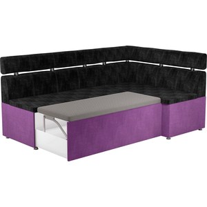 Кухонный угловой диван АртМебель Классик микровельвет черно/фиолетовый правый