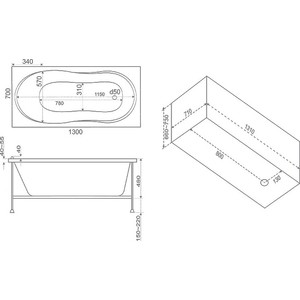 Акриловая ванна BAS Лима 130х70 с каркасом, фронтальная панель (В 00021, Э 00021)