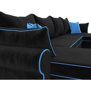 фото Диван лига диванов элис велюр черный с голубыми подушками п- образный