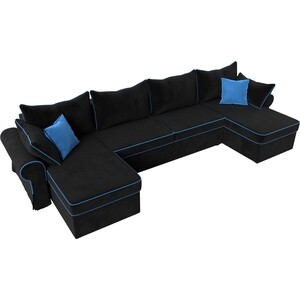 фото Диван лига диванов элис велюр черный с голубыми подушками п- образный