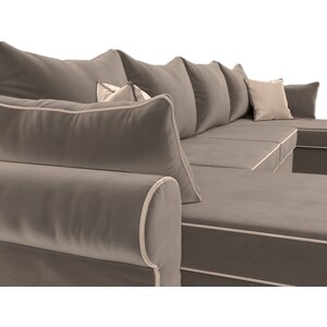 фото Диван лига диванов элис велюр коричневый с бежевыми подушками п- образный