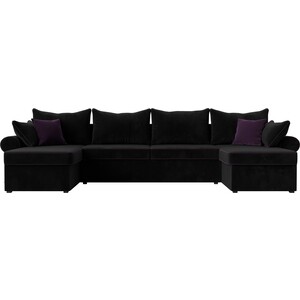 фото Диван лига диванов элис велюр черный с фиолетовыми подушками п- образный
