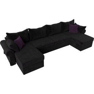 фото Диван лига диванов элис велюр черный с фиолетовыми подушками п- образный