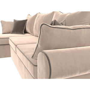 фото Диван угловой лига диванов элис велюр бежевый с коричневыми подушками левый угол