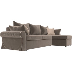 фото Диван угловой лига диванов элис велюр коричневый с бежевыми подушками правый угол
