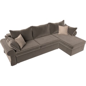 фото Диван угловой лига диванов элис велюр коричневый с бежевыми подушками правый угол