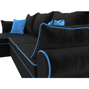 фото Диван угловой лига диванов элис велюр черный с голубыми подушками левый угол