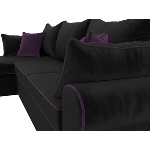 фото Диван угловой лига диванов элис велюр черный с фиолетовыми подушками левый угол