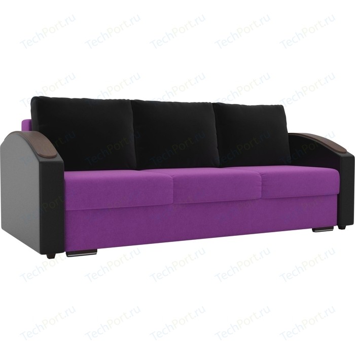 Прямой диван Лига Диванов Монако slide микровельвет фиолетовый подлкотники экокожа черные подушки микровельвет черные