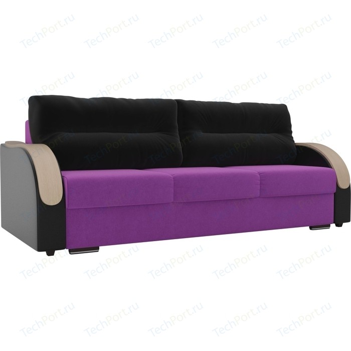 Прямой диван Лига Диванов Дарси микровельвет фиолетовый подлкотники экокожа черные подушки микровельвет черные