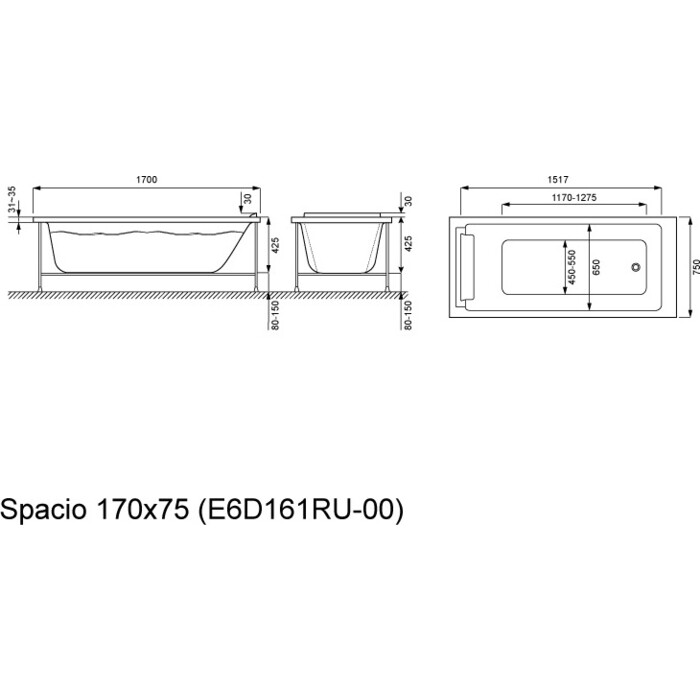 Акриловая ванна jacob delafon spacio 170x75 без антискользящего покрытия e6d161ru 00