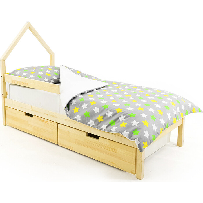 Детская кровать-домик мини Бельмарко Svogen натура (без покрытия) + ящики 2 шт + бортик ограждение