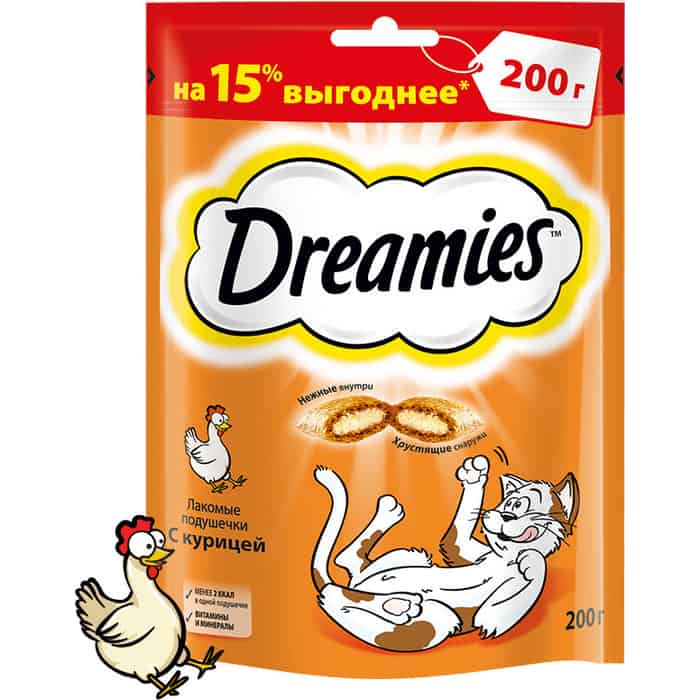 Лакомство Dreamies подушечки с курицей для кошек 200г лакомство для кошек dreamies подушечки с сыром 360 г шоу бокс