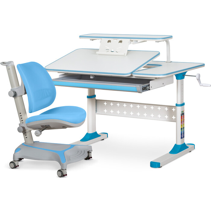 Комплект ErgoKids Парта TH-320 Blue + кресло Vesta BL (TH-320 W/BL Y-117 BL) столешница белая, накладки на ножках голубые