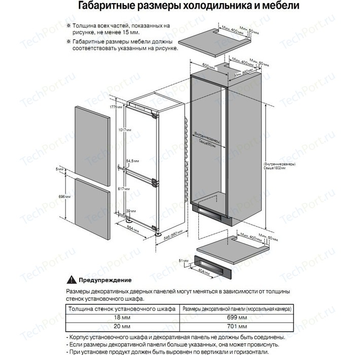 Размер шкафа для встраиваемого холодильника