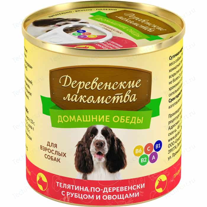 Консервы Деревенские Лакомства Домашние обеды Телятина по-деревенски с рубцом и овощами для взрослых собак 240г