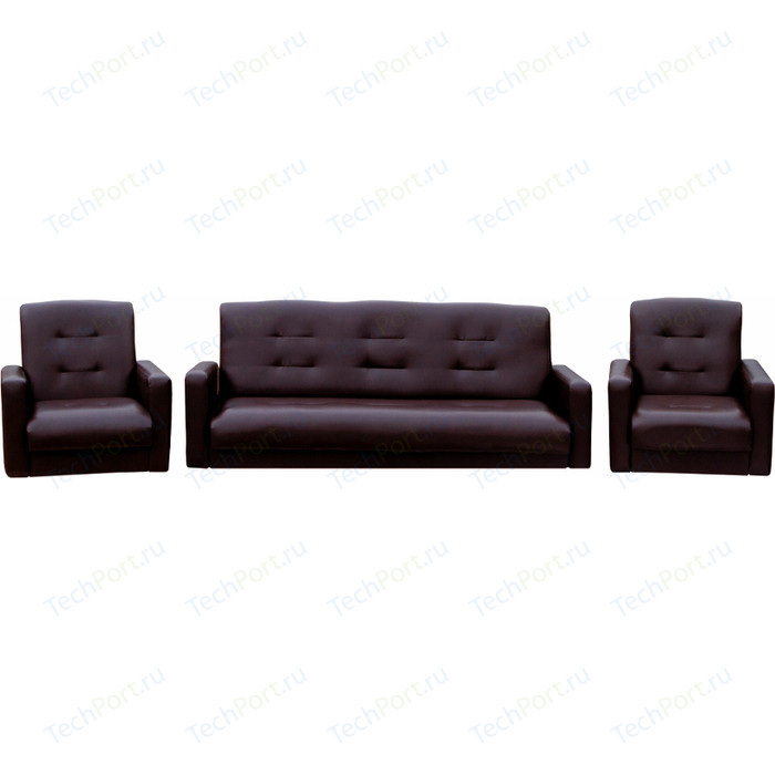 Комплект Экомебель Аккорд экокожа коричневая (диван + 2 кресла)