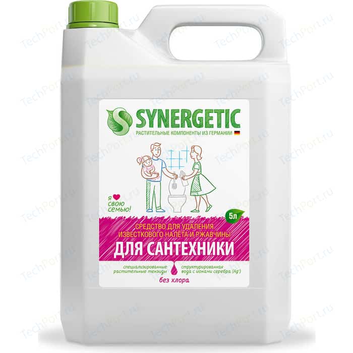 Средство Synergetic для чистки сантехники, ванн, раковин, душевых кабин, 5 л средство для чистки стекла help свежий озон 5 л