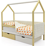 Детская кровать-домик мягкий Бельмарко Svogen бежево-белый + ящики 1 бежевый, 1 белый + бортик ограждение