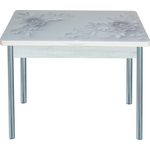 Стол обеденный Катрин Симпл поворотно раскладной, с фотопечатью, бетон белый, цветы на сером, опора круглая серебристый металлик