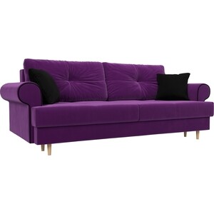 фото Прямой диван лига диванов сплин микровельвет фиолетовый подушки черные